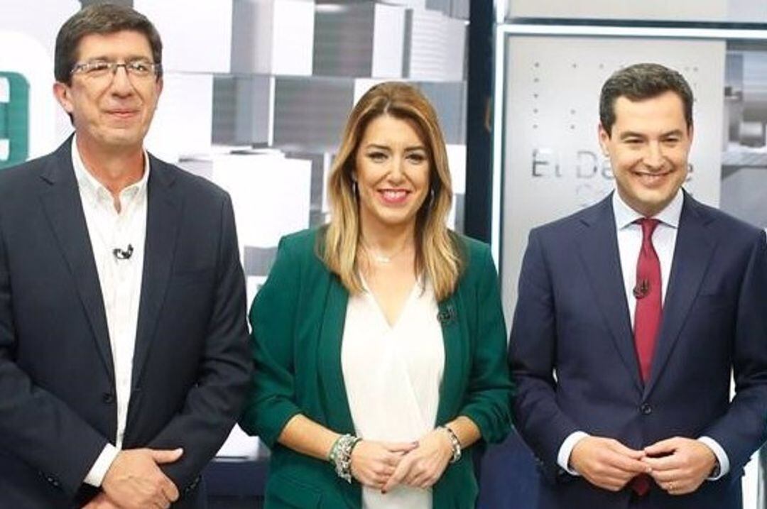 Juan Marín, Susana Díaz y Juanma Moreno en un debate electoral previo a las autonómicas de 2018. Foto de archivo 