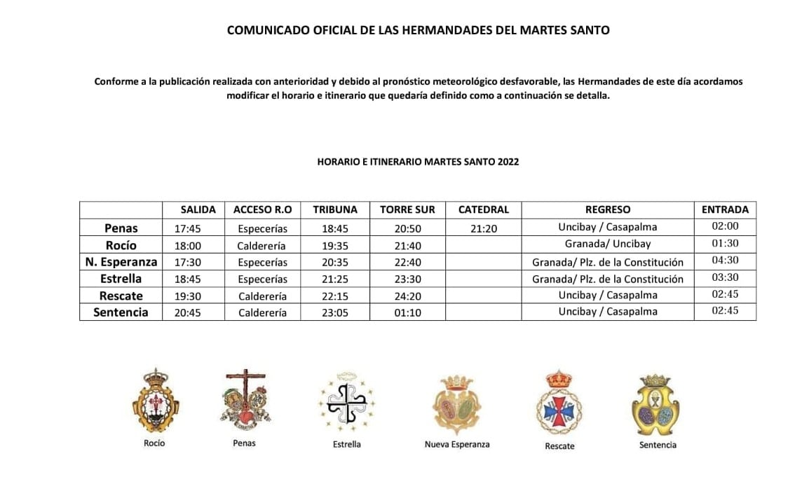 Comunicado oficial cofradías Martes Santo