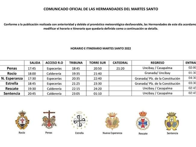 Comunicado oficial cofradías Martes Santo