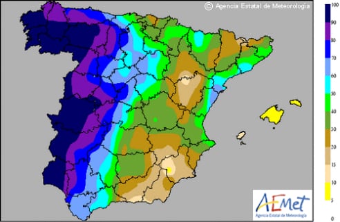 Un frente dejará lluvias este viernes en el oeste de la península, las precipitaciones serán localmente fuertes en Huelva