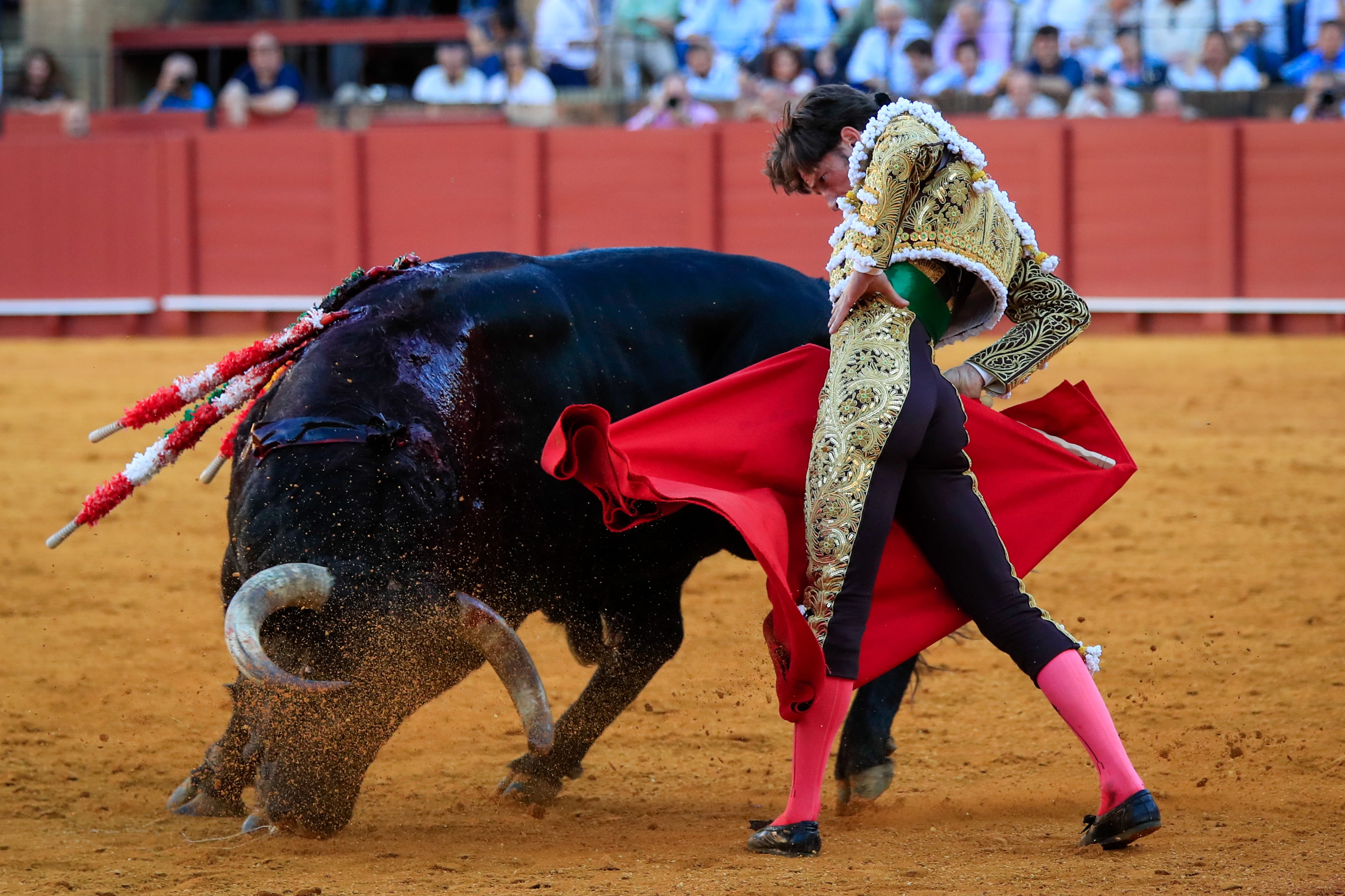 SEVILLA, 16/04/2023.- El torero Ángel Jiménez da un pase con la muleta a uno de los de su lote, durante la segunda corrida de abono de la Feria de Abril celebrada esta domingo en la plaza de la Real Maestranza de Sevilla. EFE/Julio Muñoz
