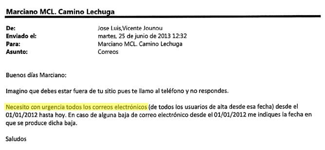 La petición de intervenir &quot;todos los correos electrónicos&quot;se produjo 48 horas después de que las irregularidades en la contratación del Marido de Cospedal por Liberbank saltaran a la luz pública