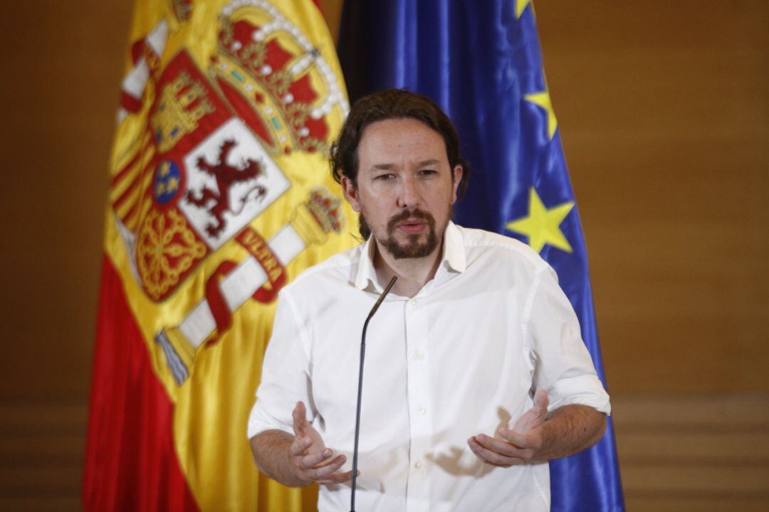 El secretario general de Unidas Podemos, Pablo Iglesias, en rueda de prensa 