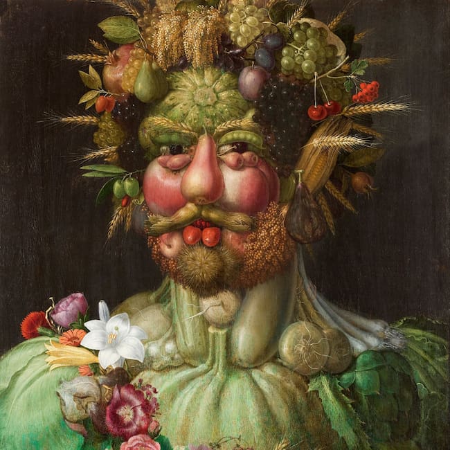 Giuseppe Arcimboldo was an Italian painter best known for creating imaginative portrait heads made entirely of objects such as fruits, vegetables, flowers, fish, and books. Rudolph II of Hapbsburg asVertumnus. (Photo by Giuseppe Arcimboldo/Buyenlarge/Getty Images)
