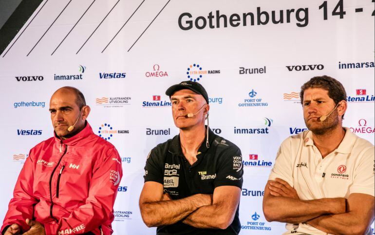 Xabier Fernández (MAPFRE), Bouwe Bekking (Team BRUNEL) y Charles Caudrelier (DongFeng)