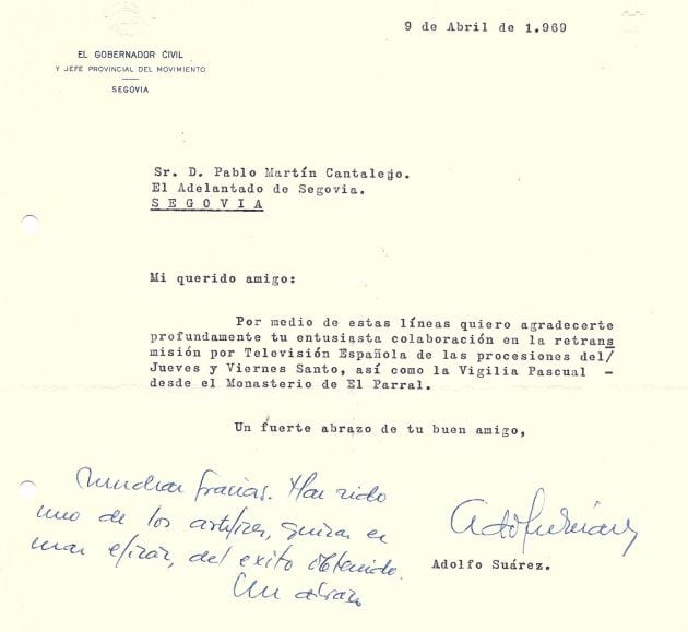 Carta de felicitación de Adolfo Suárez a Pablo Martín Cantalejo por el éxito de la retransmisión