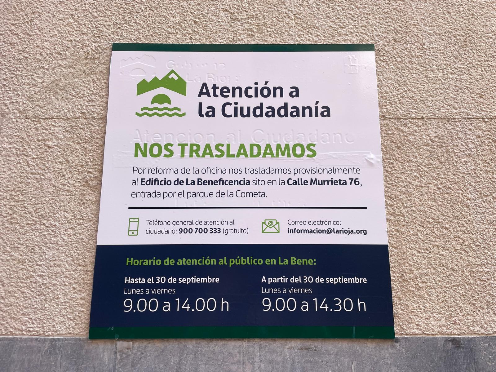 Traslado de la oficina del Servicio de Atención al Ciudadano en Logroño por obras