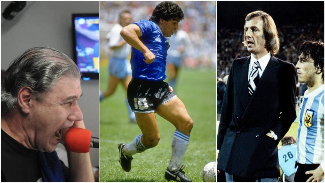 El locutor Víctor Hugo Morales, Diego Armando Maradona y el exseleccionador argentino César Luis Menotti