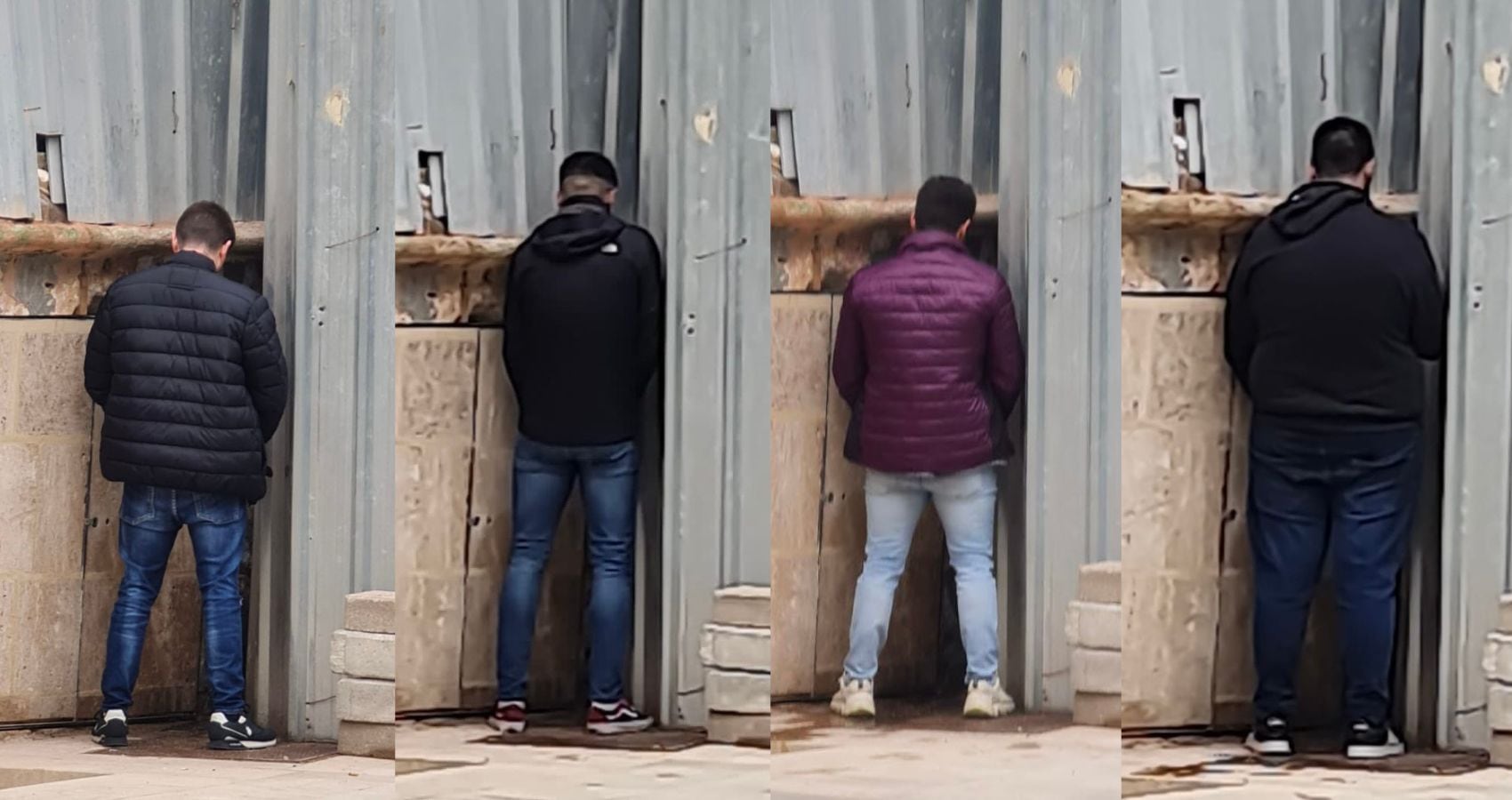 Varias personas orinan frente a la iglesia de los Santos Juanes de València en el primer sábado de verbenas por las Fallas de 2024.