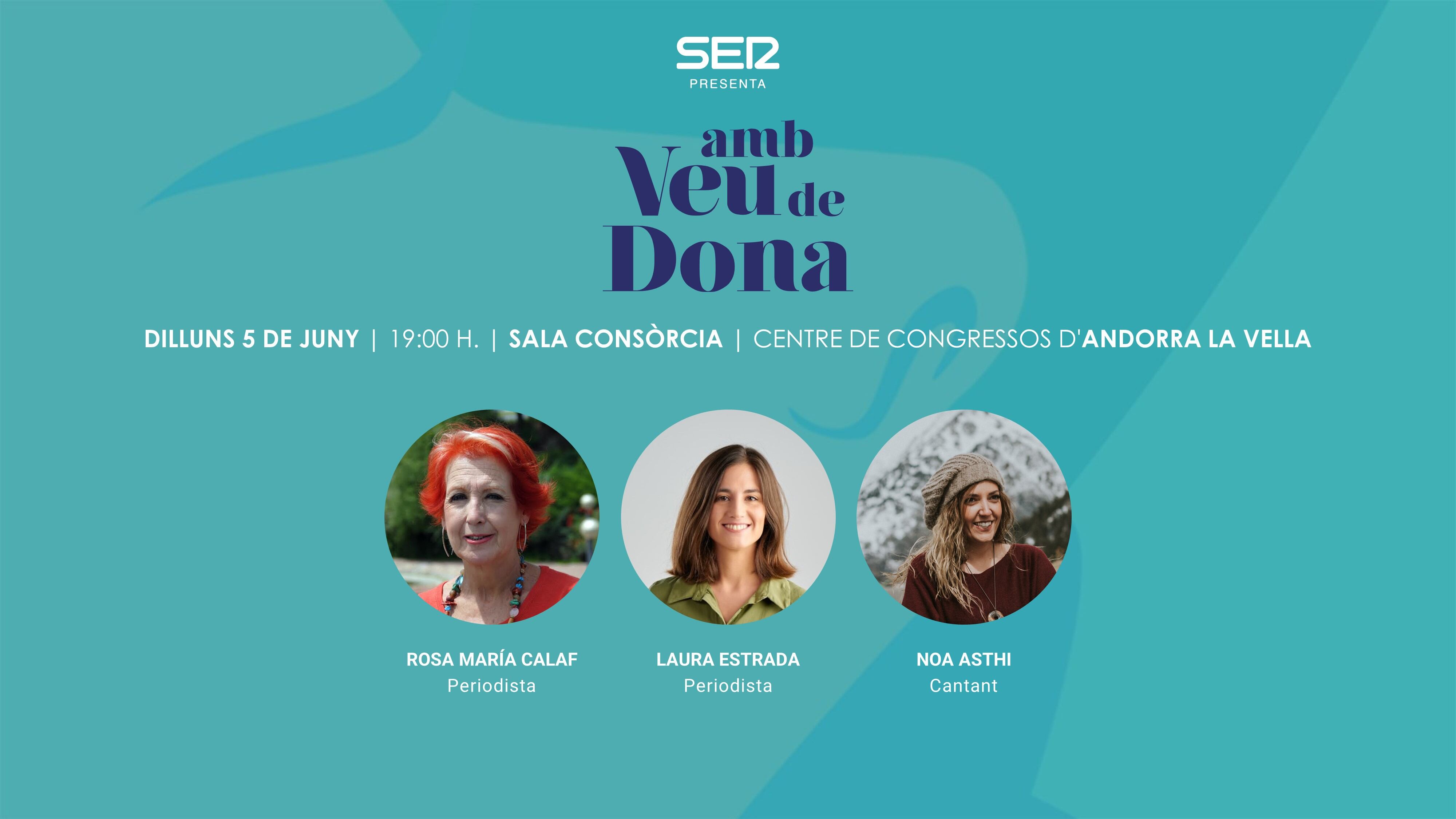 Cartell amb les participants a l'acte de cloenda de la cinquena edició de "Amb Veu de Dona" amb la popular periodista Rosa Maria Calaf com a principal protagonista.