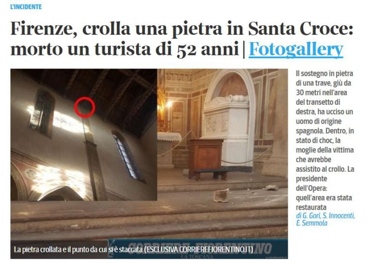 Captura de pantalla de la web de Corriere Fiorentino con la piedra desprendida