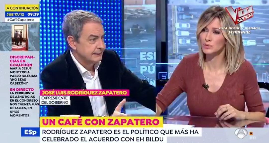 El expresidente del Gobierno, Rodríguez Zapatero, durante su entrevista en Antena 3