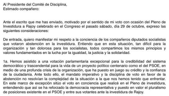 Parte de la carta de alegaciones enviada por los díscolos.