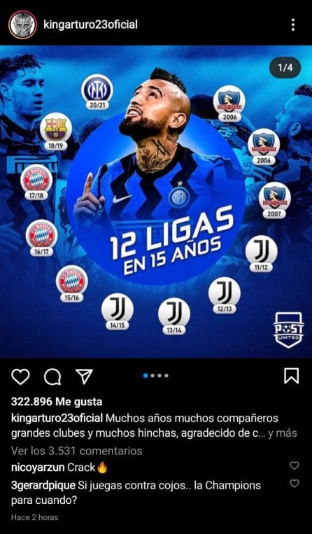 Gerard Piqué comenta la publicación de Arturo Vidal.