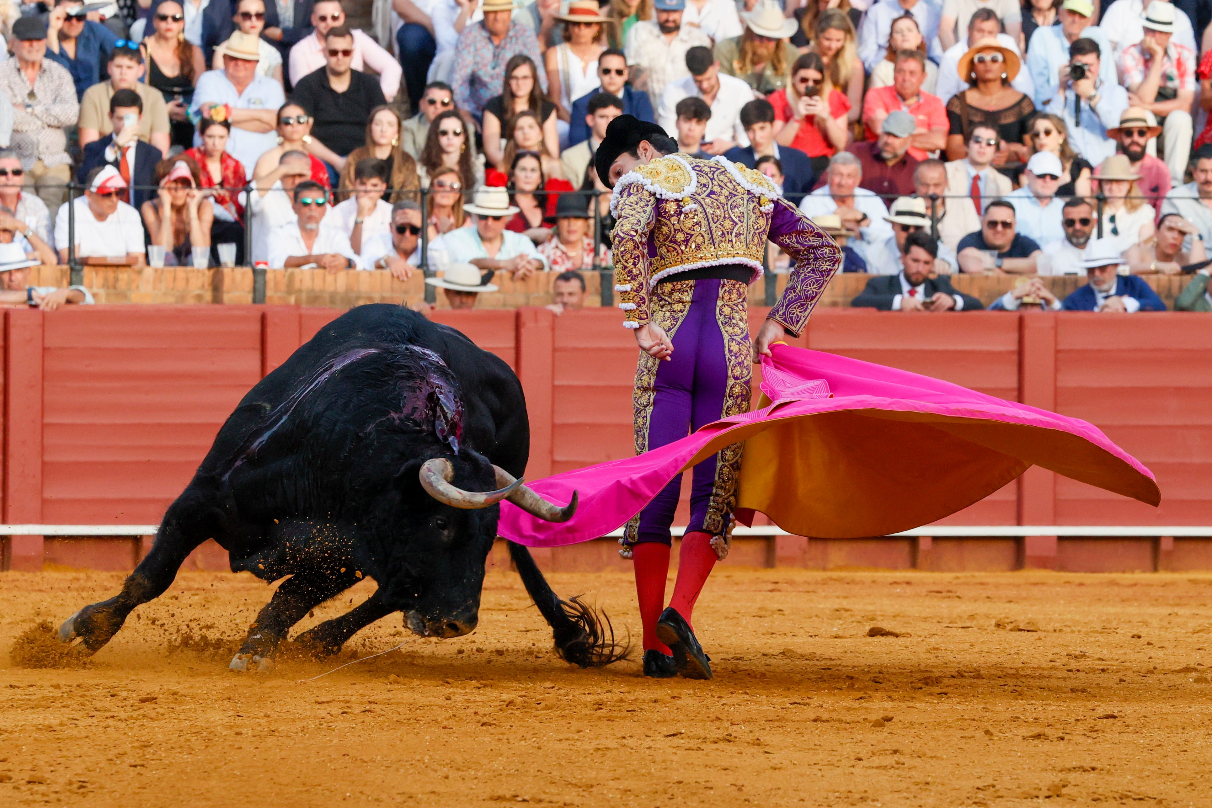 SEVILLA, 17/04/2024.- El diestro Tomás Rufo al quite del segundo de Talavante este miércoles, durante el festejo de la Feria de Abril celebrado en La Real Maestranza de Sevilla, con toros de Jandilla. EFE/ José Manuel Vidal
