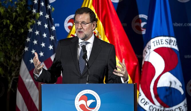 El presidente del Gobierno, Mariano Rajoy, durante el discurso que ha ofrecido en la Cámara de Comercio de Washington