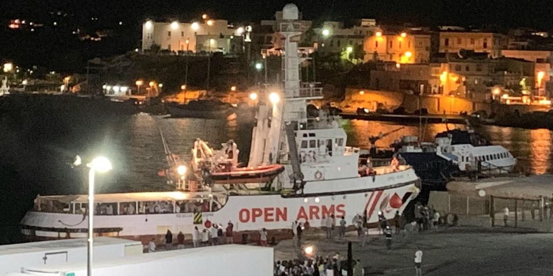 The Spanish humanitarian ship &#039;Open Arms&#039;, with migrants on board, arrives in Lampedusa island, southern Italy, 20 August 2019. An Italian public prosecutor has ordered the confiscation of the migrant ship Open Arms, carrying some 140 migrants, and the evacuation of migrants on board to the island of Lampedusa on 20 August 2019 after inspecting the boat, according media reports