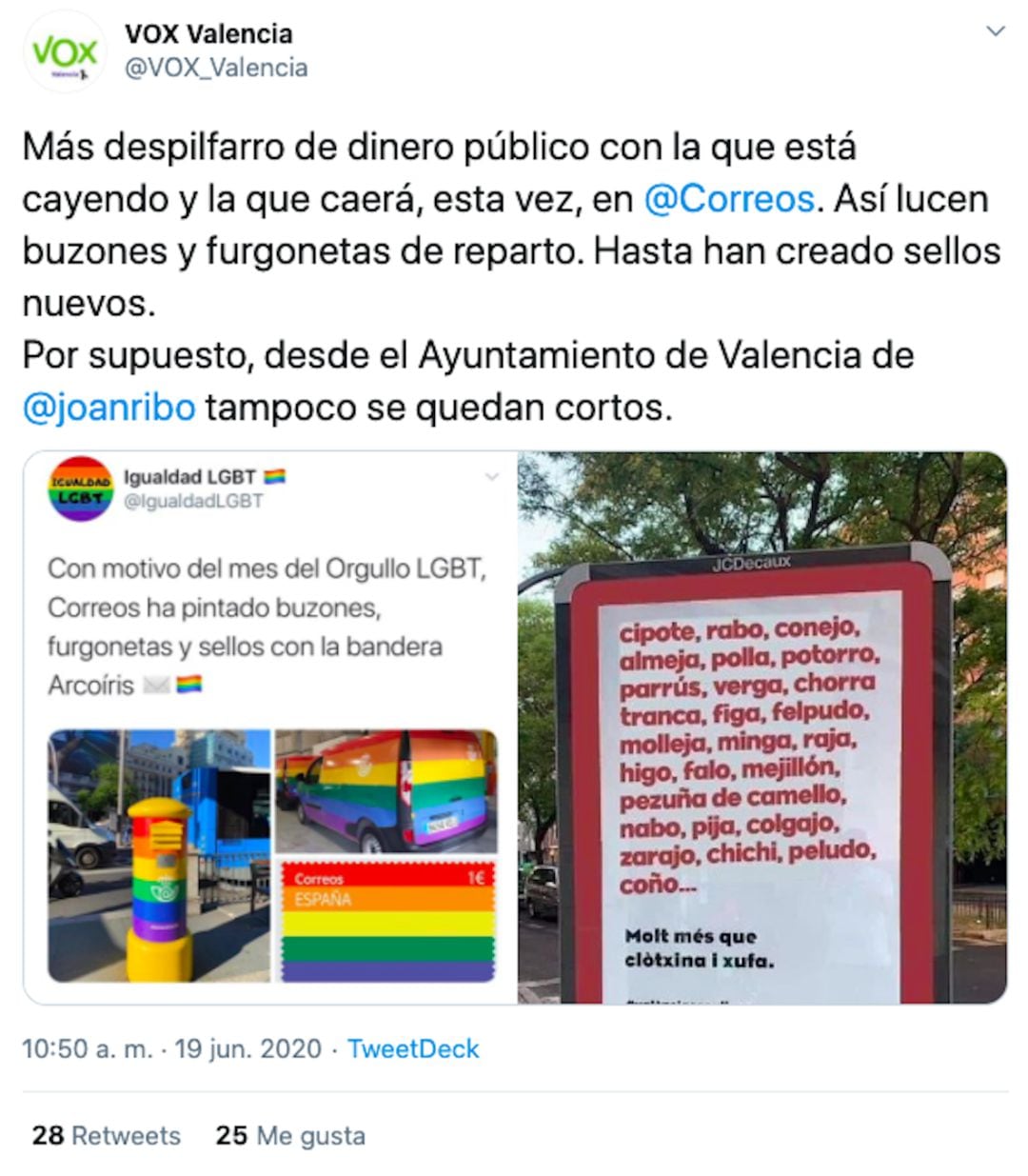 Imagen de la publicación en Twitter que ha hecho el perfil oficial de Vox en la provincia de Valencia, difundiendo un bulo sobre la campaña del Orgullo del Ayuntamiento de la ciudad