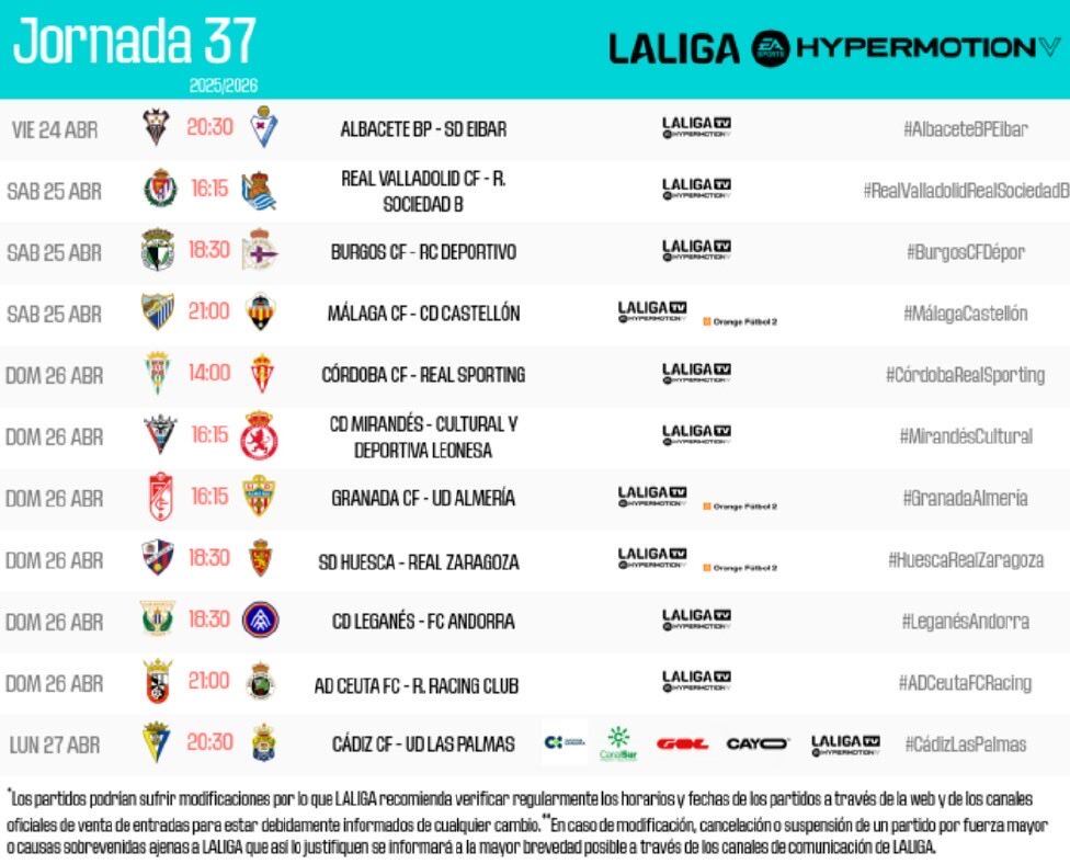 Horarios jornada 37 Liga Hypermotion