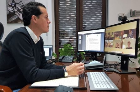 Rubén Alfaro, alcalde de Elda, durante la reunión telemática