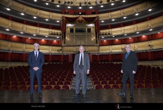 Ignacio García-Belenguer, Gregorio Marañón y Joan Matabosch, en la presentación de la temporada 2020-21 del Teatro Real