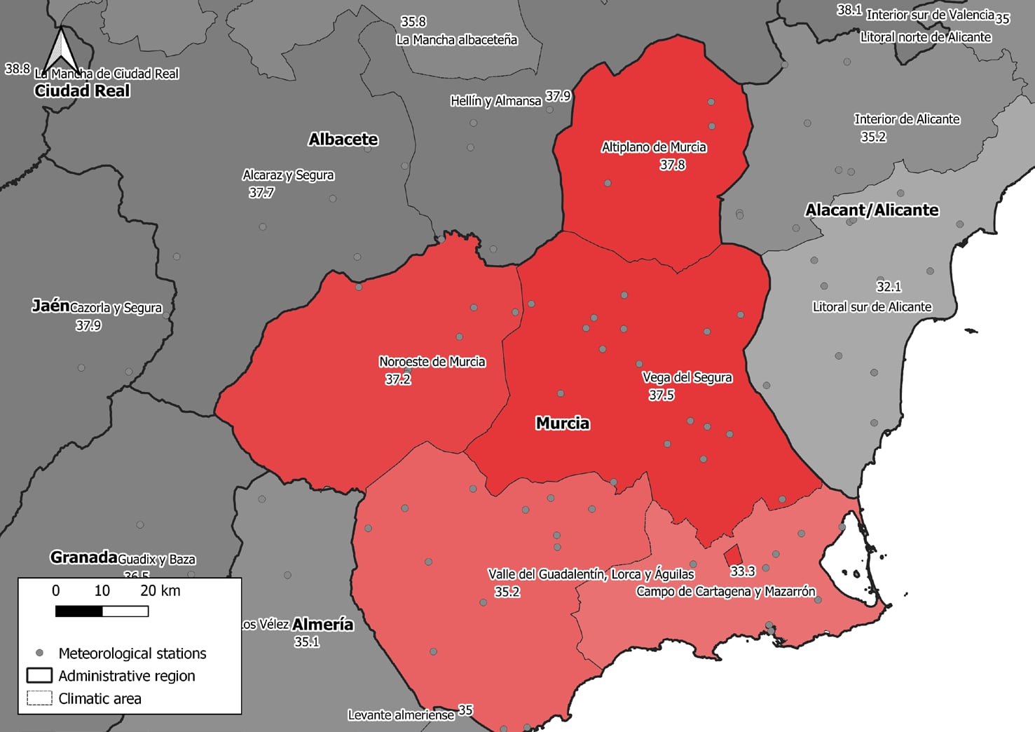 Mapa de temperaturas a las que se disparan las muertes por calor dentro de la Región de MurciaInstituto de salud Carlos III