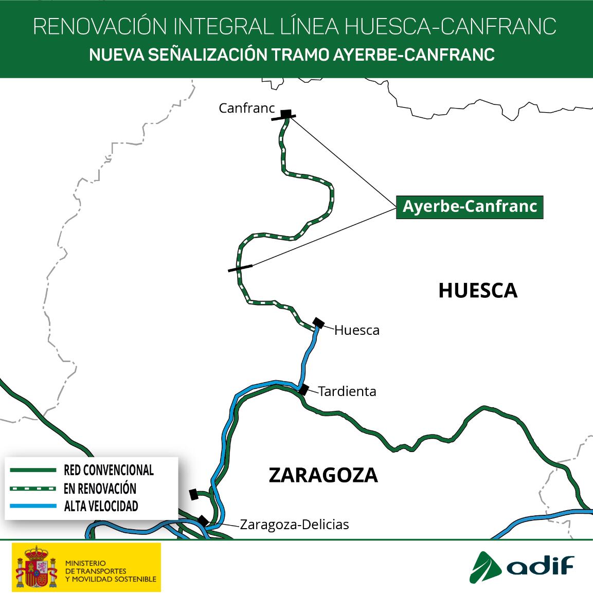 Mapa de las obras de señalización en la línea del canfranero