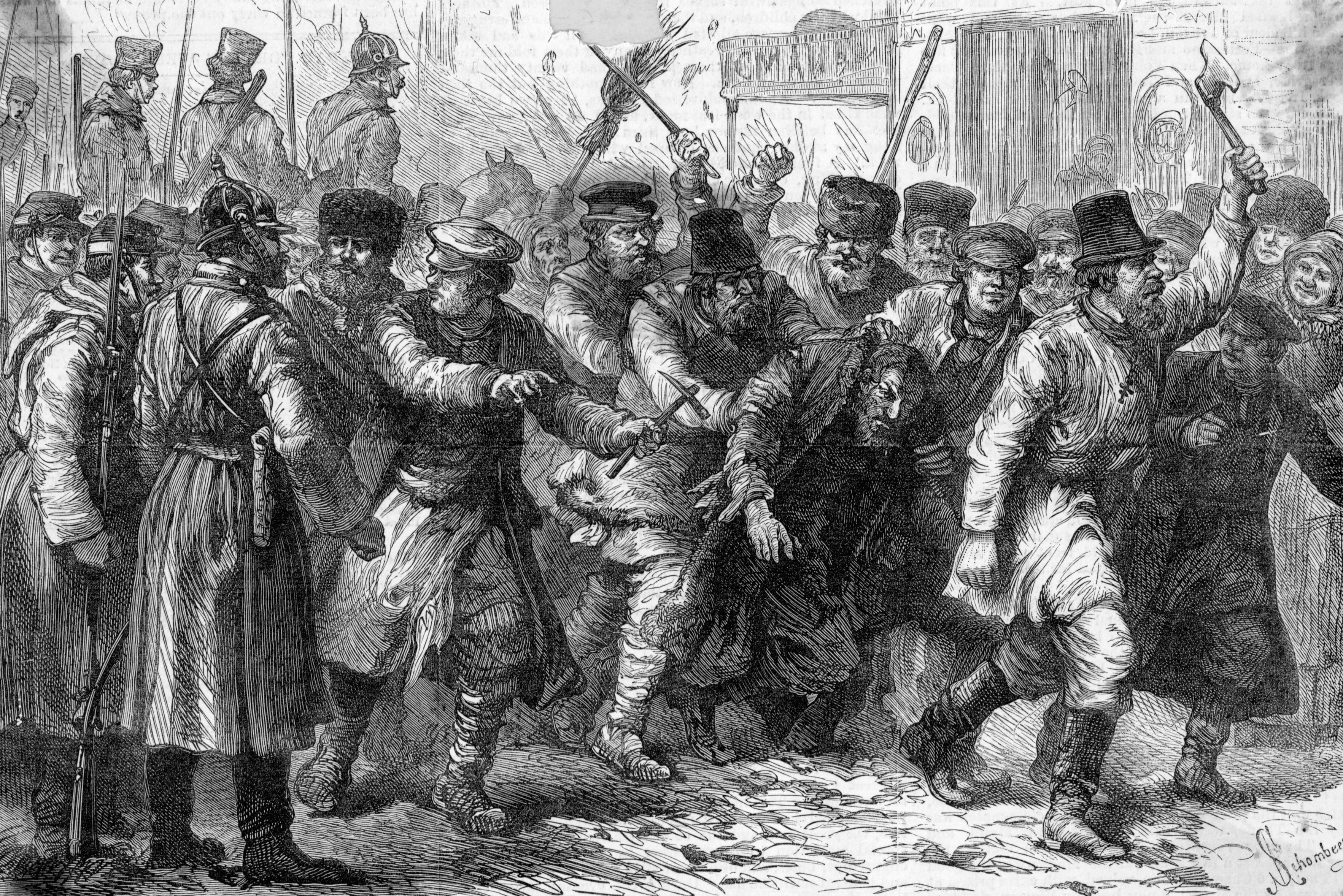 Pogromo en Rusia. Judíos siendo molestados mientras la policía mira, 1880. Ilustración.