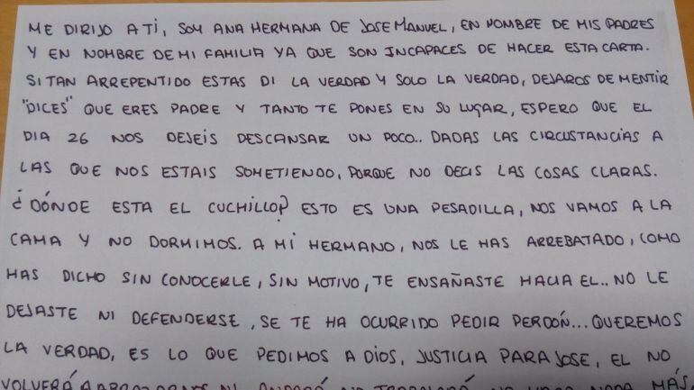 Fragmento de la carta que Ana Gutiérrez ha enviado al detenido por la muerte de su hermano