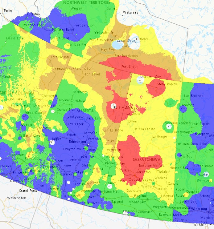 En rojo, extensión de los incendios en el oeste de Canadá