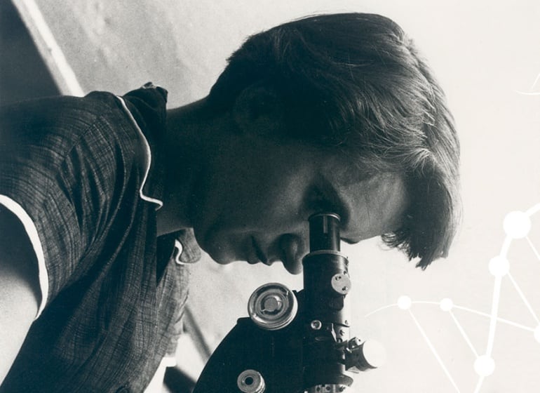 Rosalind Franklin observa a través del microscopio