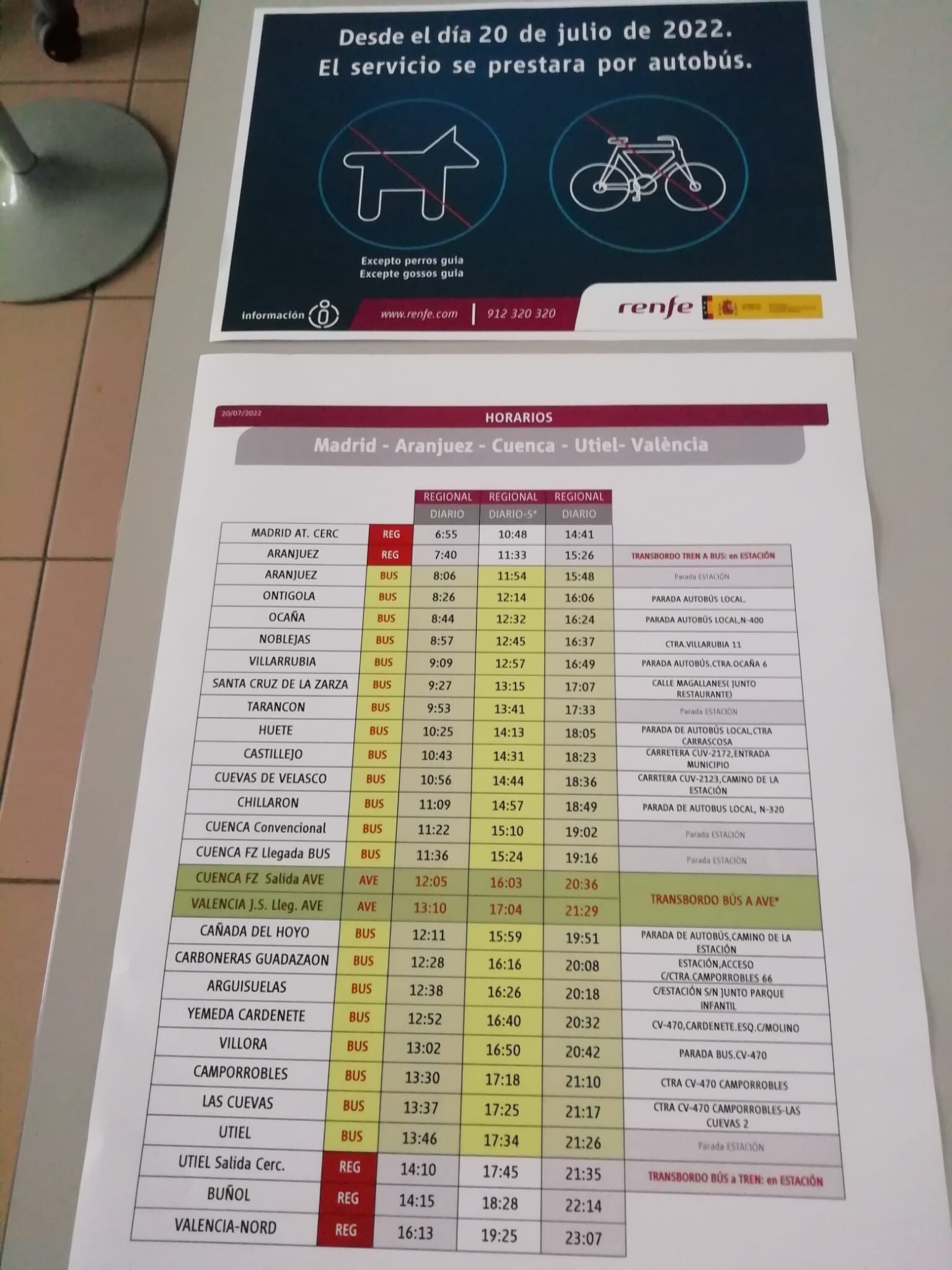Horarios de los autobuses que plantea Renfe para sustituir el servicio por tren entre Aranjuez y Cuenca.