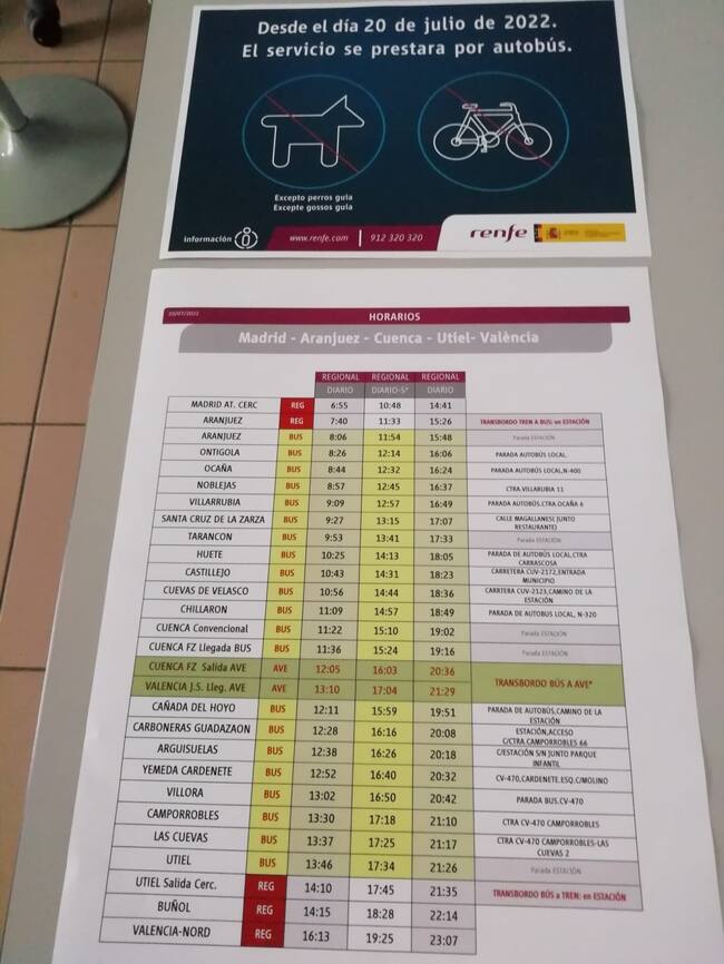 Horarios de los autobuses que plantea Renfe para sustituir el servicio por tren entre Aranjuez y Cuenca.