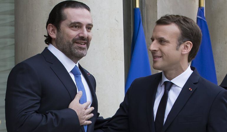 El primer ministro dimisionario libanés, Saad Hariri, junto con el primer ministro francés, Emmanuel Macron durante su encuentro.