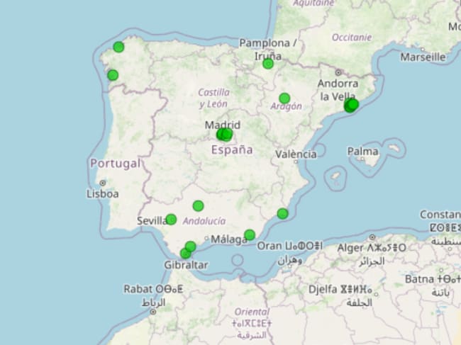 Mapa de España de zonas de bajas emisiones vigentes.