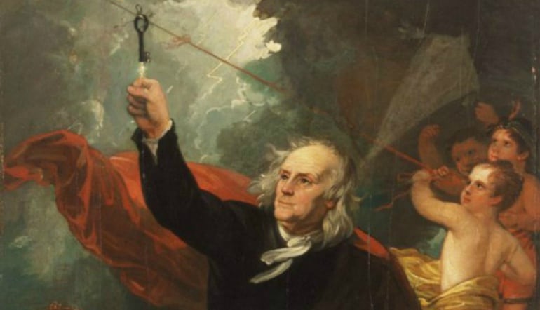 Benjamin Franklin, realizando su Famoso experimento con la cometa y la llave durante la tormenta que se desató en Filadelfia aquel 15 de junio.