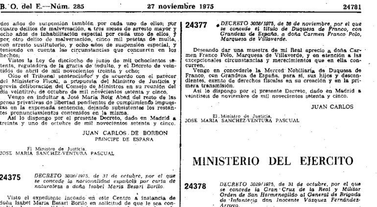 Página del BOE de 1975 donde se lee la concesión del Ducado de Franco a Carmen Martínez-Bordiú.