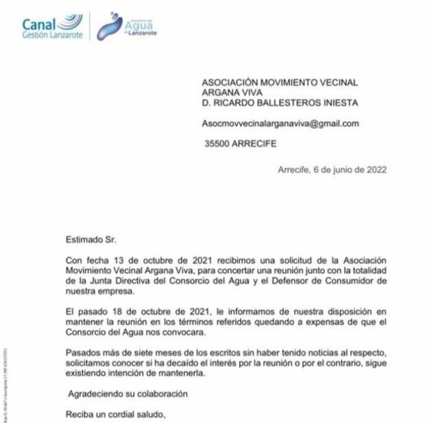 Carta remitida a Movimiento Vecinal Argana Viva por parte de Canal Gestión.