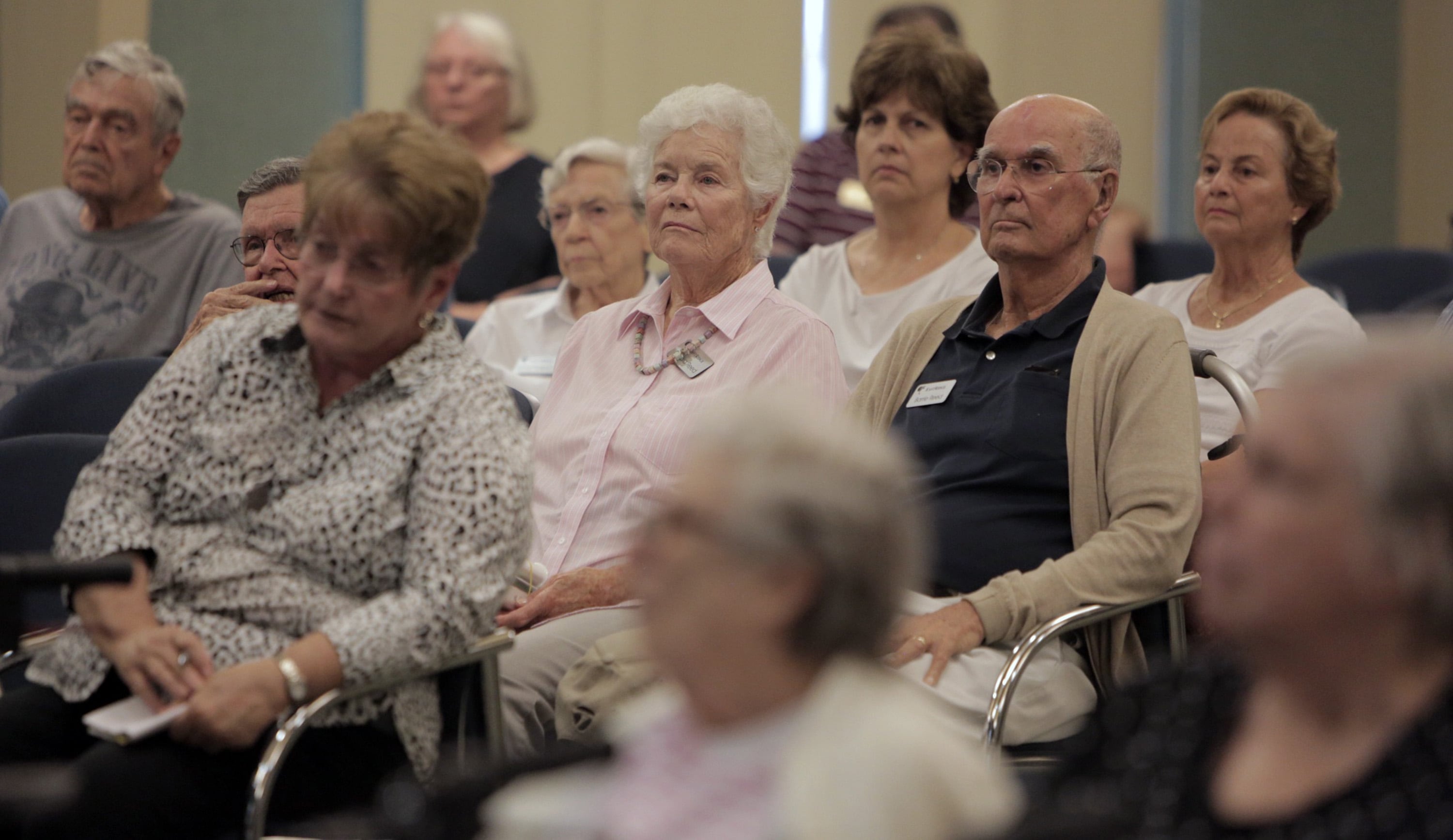 Residents of the East Ridge Senior Living Community listen to Dr. David Lowestein during a presentation at the auditorium of the Senior Living Community on Monday, Sept. 17, 2018. (Jose A. Iglesias/el Nuevo Herald/Tribune News Service via Getty Images)