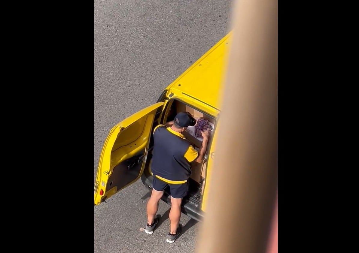 Imagen del vídeo en el que un hombre abre un paquete de una furgoneta de Correos.