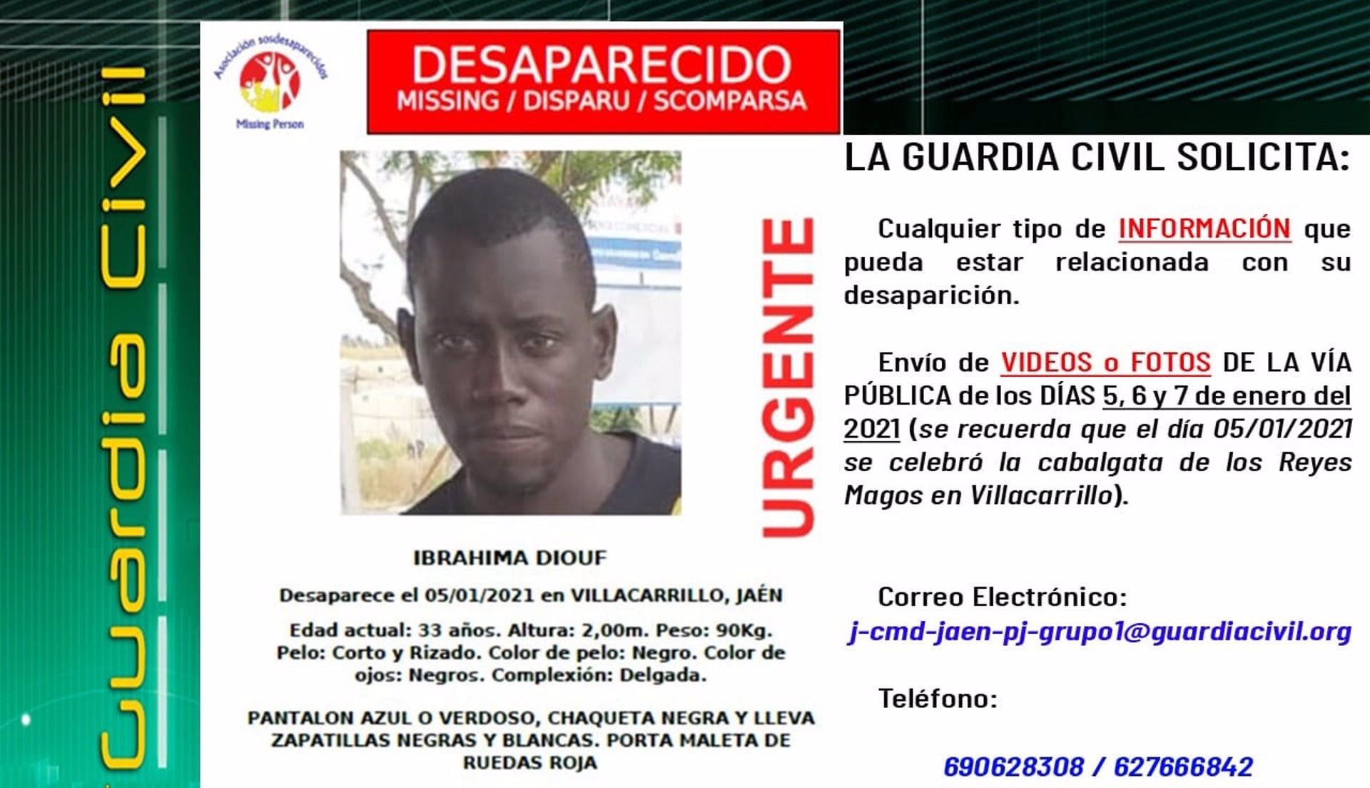 La Unidad Central Operativa de la Guardia Civil (UCO) mantiene activa la búsqueda de Ibrahima Diouf, el temporero senegalés de 33 años, que fue visto por última vez el 5 de enero de 2021 en Villacarrillo (Jaén) donde trabajaba como temporero en la recogida de aceituna.