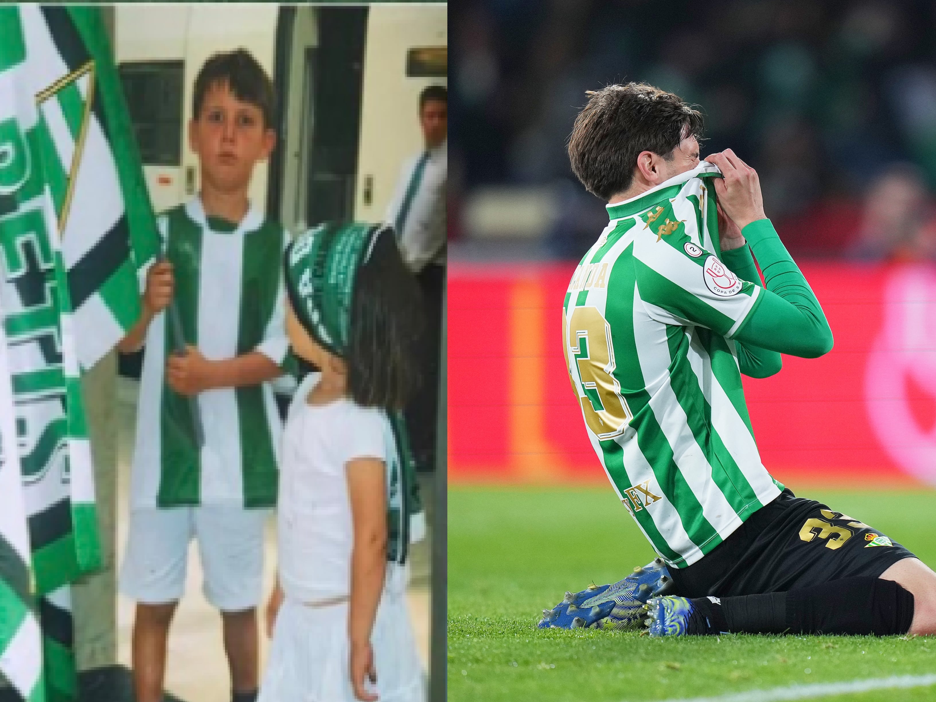 Juan Miranda, de niño a la izquierda y anoche después del penalti