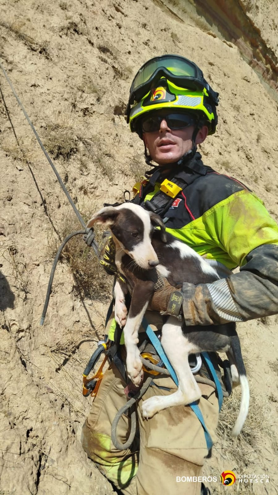 Uno de los bomberos participantes en el rescate, con el perro rescatado