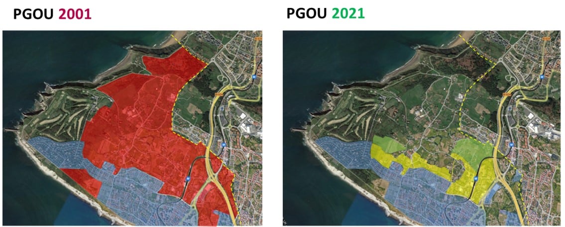 Mapa facilitado por el Ayuntamiento de Getxo. A la izquierda, en rojo, la zona urbanizable en 2001. A la derecha, en amarillo y verde, la zona contemplada a urbanizar en su actualización.