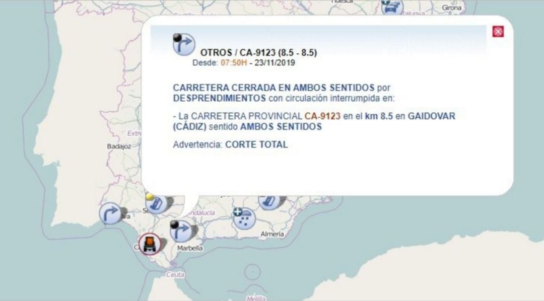 La caída de un cable eléctrico provoca el corte total de la CA-9123 a su paso por Grazalema