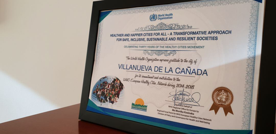 Diploma otorgado a Villanueva de la Cañada por la Organización Mundial de la Salud