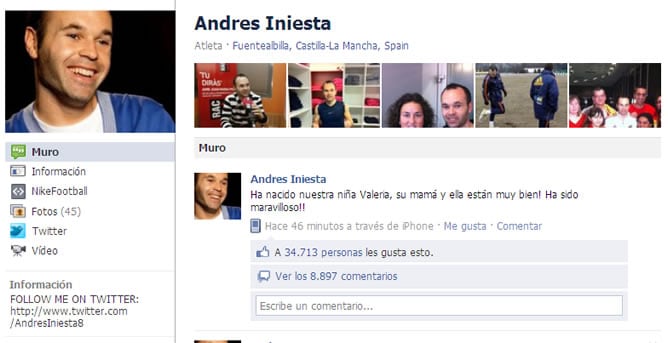 Andrés Iniesta publica en Facebook que ha sido padre