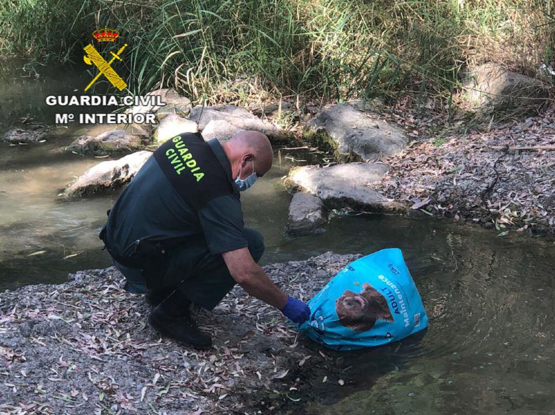 Imagen de un agente examinando una de las bolsas que contenía un perro ahogado