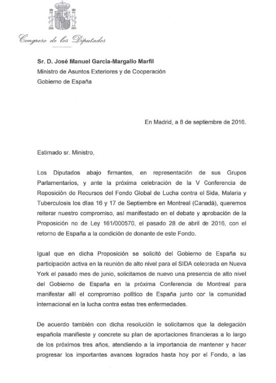 Carta firmada por todos los Grupos Parlamentarios con el compromiso de que España vuelva a ser donante del Fondo Mundial del Sida