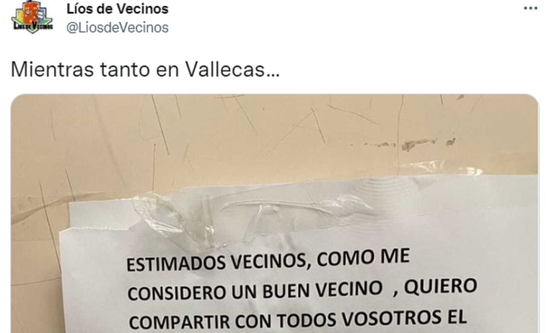 Un tweet con la nota que dejó un vecino en su comunidad.